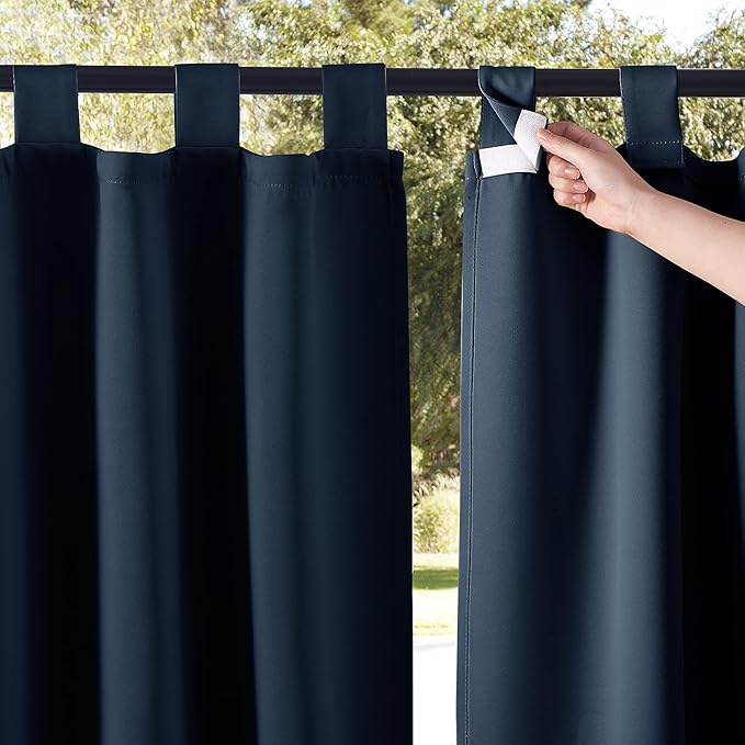 NICETOWN 2 Panels Navy Blue Outdoor Curtainss for Patio Waterproof, Self-Stick Detachable Tab Top Blackout Thermal Insulated Public Dividers Vertical Drapes for Front Porch & Canvas, W52 x L84 NICETOWN