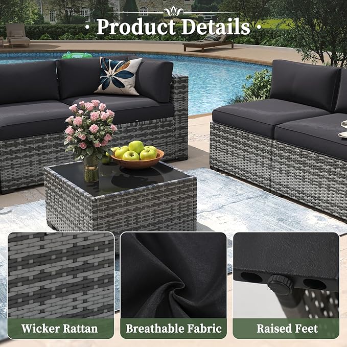 Aoxun 12 Piece Patio Furniture Set with 44” Fire Pit Table Wicker Rattan Outdoor Sectional Sofa Set with Coffee Table and Thickened Cushions, Grey/Black (Waterproof Cover Included) Aoxun