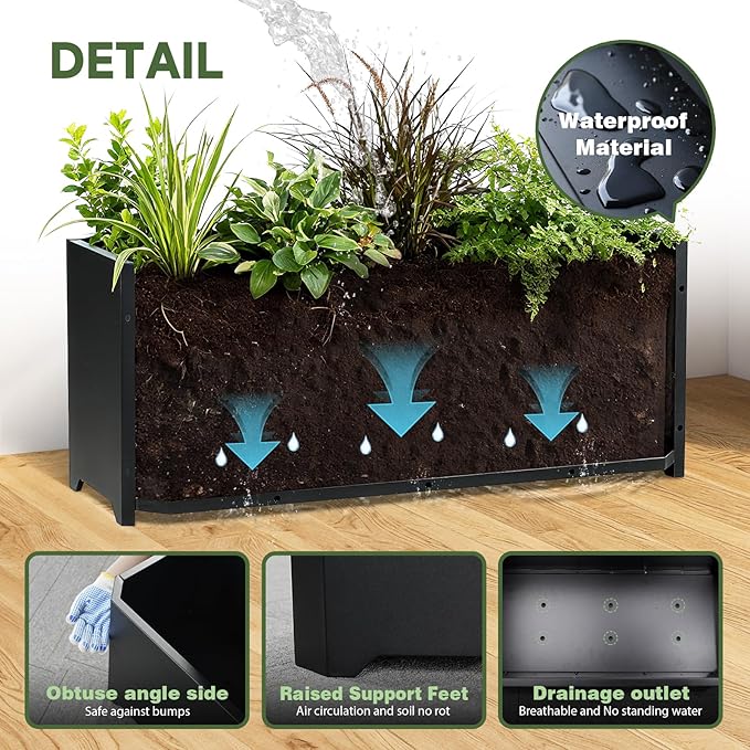 Steel Planter Box-32"x15"x15"-Rectangular Planters for Outdoor Plants, Black Matel Planter Box Raised Support Feet for Patio, Deck, Garden, Yard, Drain Holes, Easy Assembly GJWCVLOUTDOORLIFESELLER