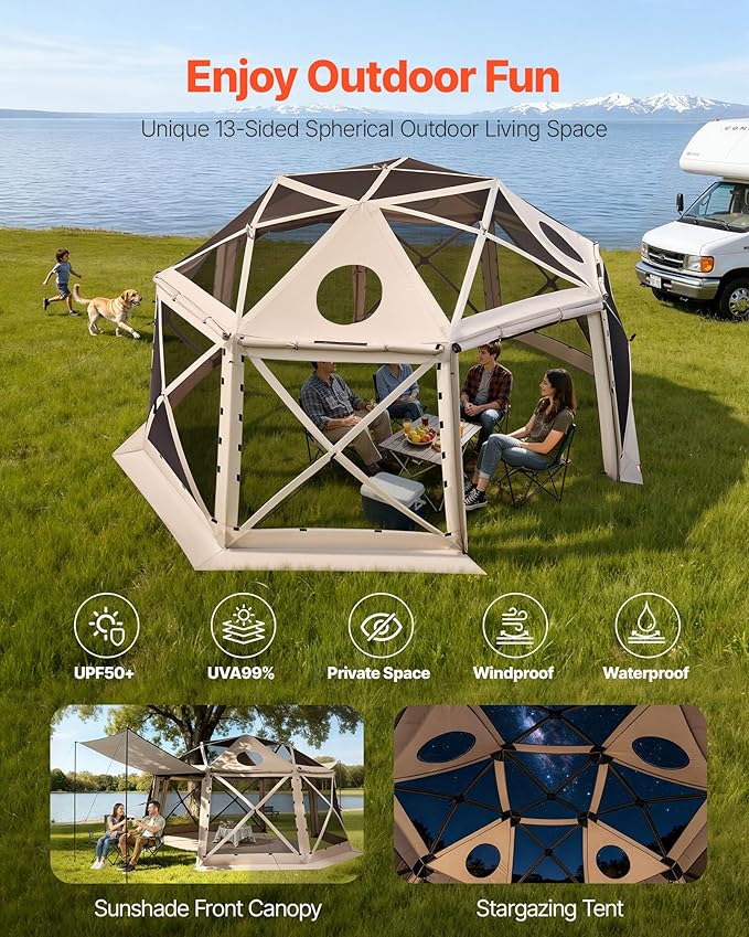 VEVOR Pop up Gazebo Screen Tent, 15 x 15 ft, 13-Sided Spherical Camping Canopy Tent with Removable Top & Carry Bag, Quick-Set & Bite-Proof, Screen House Sun Shelter for 12-15 Persons, Beige VEVOR