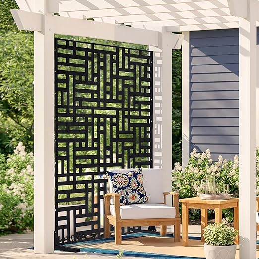 VEVOR Metal Privacy Screen, 47" W x 76" H, Outdoor Privacy Screens 3-Panel, Freestanding Outdoor Divider with Stand, Decorative Garden Steel Privacy Fence for Balcony Patio Indoor Room Hot Tub Black VEVOR