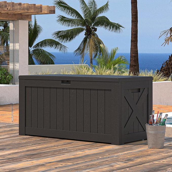 Patiowell 120 Gallon Large Deck Box, Outdoor Lockable Storage Box for Gardening Tools, Waterproof Deck Box for Patio Furniture, Black Patiowell