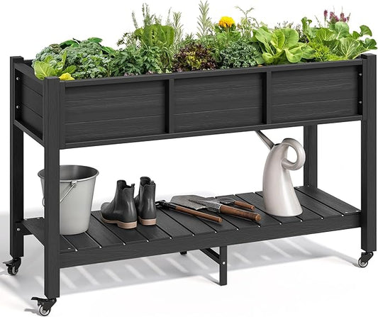 YITAHOME Raised Garden Bed HDPE, 47x18x31In Raised Flower Bed Poly-Wood Weather-Resistant Elevated Planter Box with Lockable Wheels & Storage Shelf for Vegetable Flower, Black YITAHOME