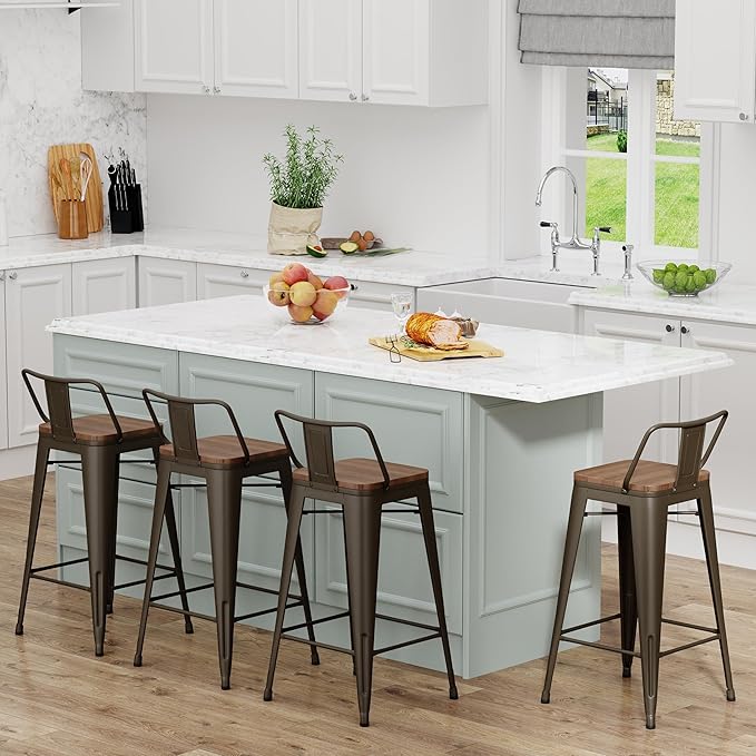Yongchuang 24 inch Bar Stools Set of 4 Metal Counter Height Bar Stools with Wood Seat Kitchen Low Back Barstools Gunmetal YongchuangInternational
