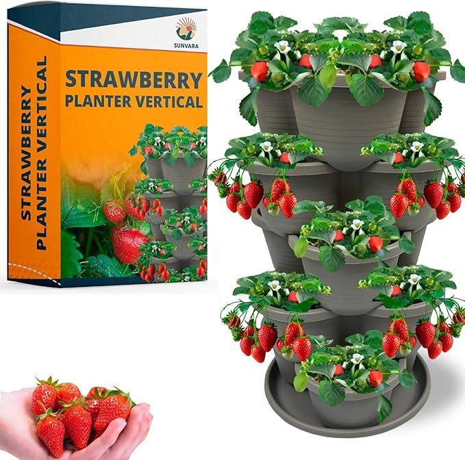 SunVara Strawberry Planter Vertical Gardening Stackable Planter Strawberry Tower 5 Tier Herb Outdoor Indoor SunVara