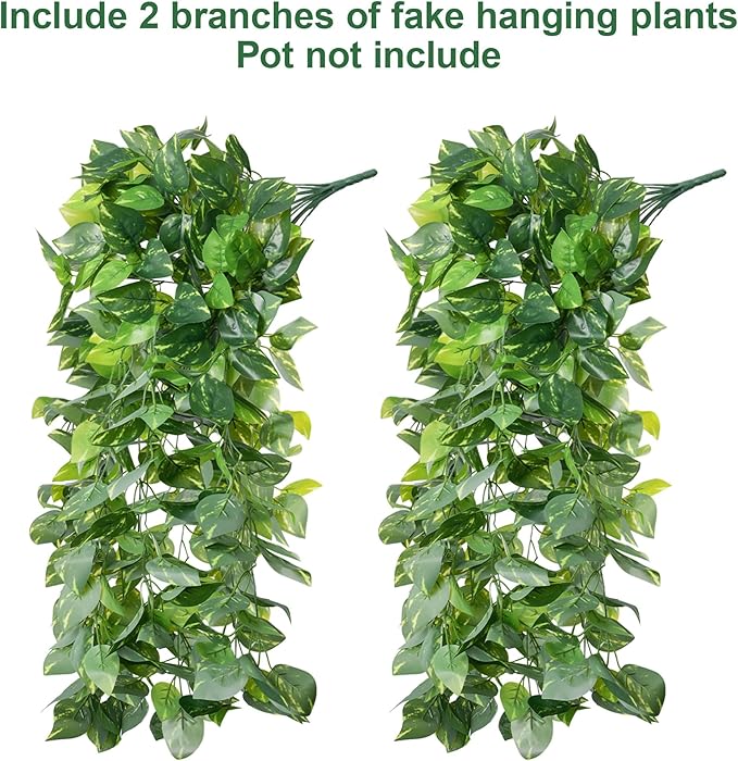 Faux Outdoor Plants Fake Hanging Plants for Outdoors Outside Decorations, 2 Pcs Green Faux Pothos Plant Vines Realistic UV Resistant Artificial Greenery for Planters Porch Garden Yard Front Door Patio Ivydale