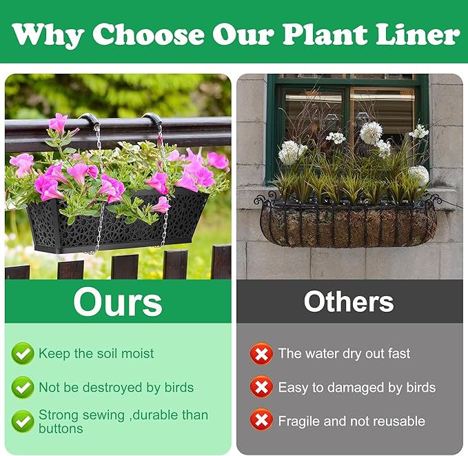 Adnee 2 Pcs 24 Inch Fabric Plant Window Box Liners-Rectangular Non-Woven Planter Basket Liner-Black Felt Flower Hanging Basket for Outdoor Garden Wall Hanging Planter Flower Vegetables Adnee