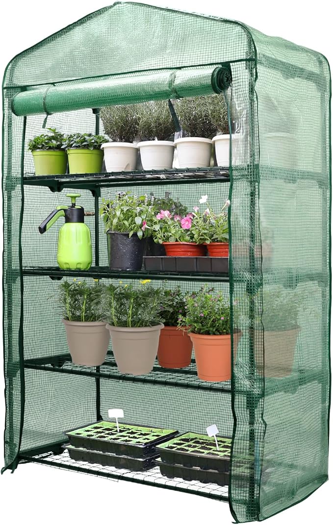 Worth Garden 50% Extra Wide Mini Greenhouse 4 Tier Portable Plant Green House 40in Wide -Sturdy Gardening Shelves with PE Cover & Roll-Up Zipper Door - Indoor & Outdoor Use - 19″W. x 40″L. x63″H. WORTH