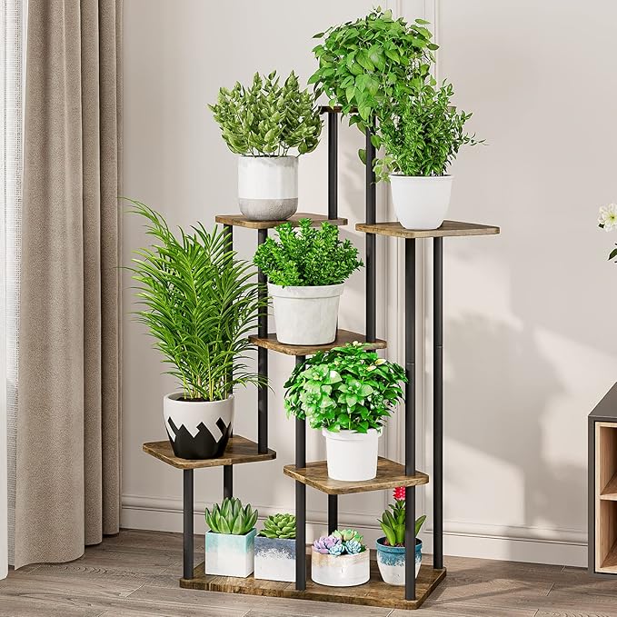 AZERPIAN Plant Stand 7 Tier Indoor Metal Flower Shelf for Multiple Plants Corner Tall Flower Holders for Patio Garden Living Room Balcony Bedroom, Black (7 Tier-Black) AZERPIAN