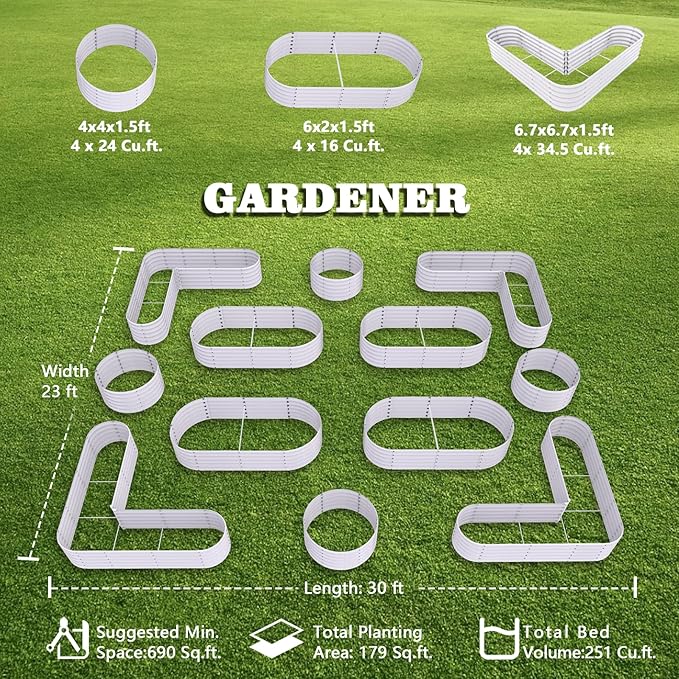 A ANLEOLIFE 12-Pack 4X4X1.5ft & 6X2X1.5ft & 81x81x18 in Deep Root Galvanized Raised Garden Beds Outdoor for Planting Vegetables Flowers Herb, Antique White AAnleolife