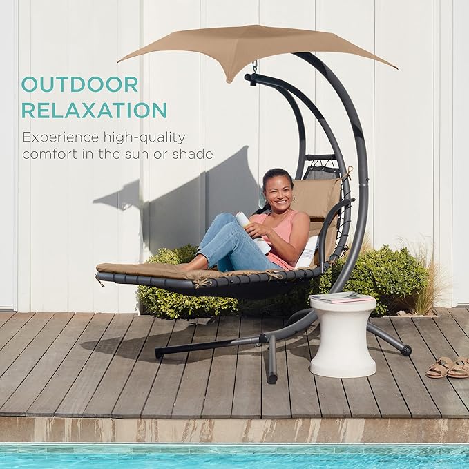 Best Choice Products Outdoor Hanging Curved Steel Chaise Lounge Chair Swing w/Built-in Pillow and Removable Canopy - Tan BestChoiceProducts