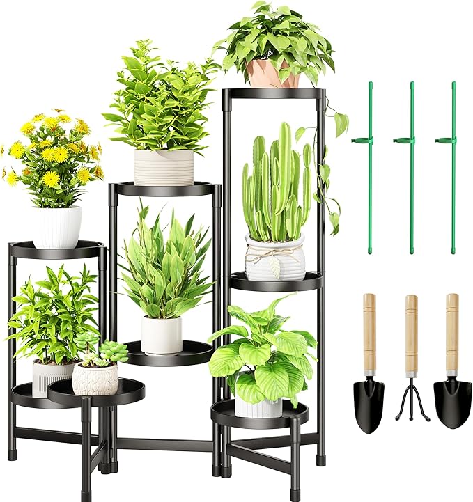 8 Tier Plant Stand Indoor, Tiered Plant Stand Outdoor for Multiple Plants, Corner Plant Shelf for Patio Balcony Porch Garden Living Room House, Black Cawukege