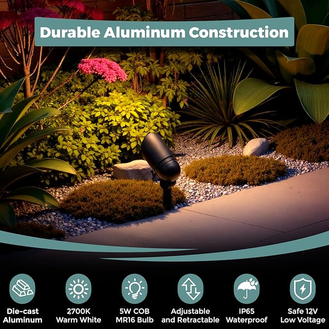 Gardencoin Low Voltage Landscape Spotlight, 12V LED Outdoor Landscape Lighting, Landscape Spot Lights Wired for Garden and Yard, Aluminum Up Lighting Fixture with 5W MR16 Replaceable Bulb (12 Pack) Gardencoin