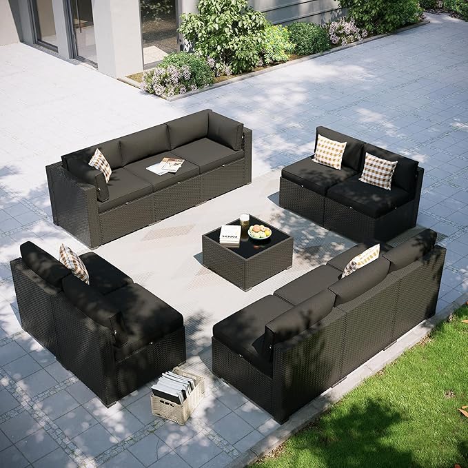 Aoxun Patio Furniture Set, 11 Piece Outdoor Sectional Sofas with Waterproof Cover, 10 Seats Wicker Rattan Outdoor Furniture Patio Conversation Set for Backyard, Garden Black Aoxun