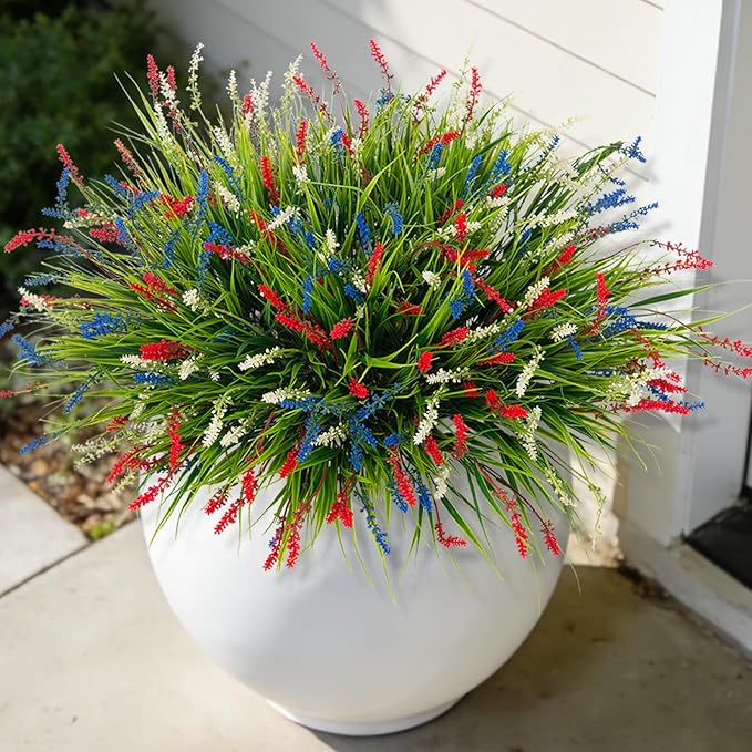 Artificial Faux Plants for Outdoor Spring Decoration, 12 Pcs Fake Monkey Grass for Garden Porch Balcony Planters, Fake Flowers Shrubs UV Resistant No Fade Plants Greenery Bush (Red Blue White) Ammyoo