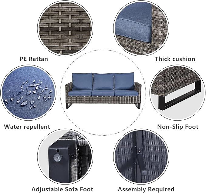 Belord 6 Piece Outdoor Furniture Patio Wicker Sofa Set, Oversize Outdoor Swivel Rocker Chairs with Rattan Ottomans, Conversation Sets Patio Furniture Come with Removable Washable Cushion Blue Belord