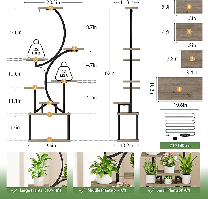 Plant Stand Indoor with Grow Lights - 62" Tall Plant Shelf, Lighted Corner Plant Stands for Indoor Growing, 8 Tiered Large Flower Holder, S-Shaped Decorative Rack for Living Room, Patent Design, Grey BACEKOLL
