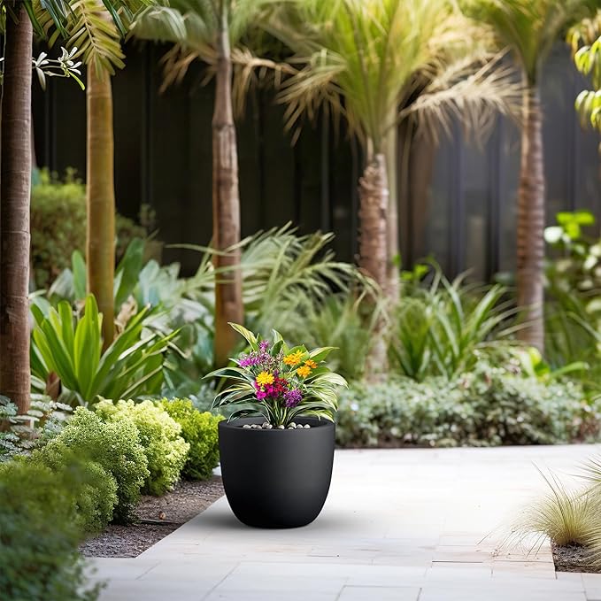 Kante 14 Inch Dia Round Concrete Planter, Indoor Outdoor Large Plant Pot with Drainage Hole and Rubber Plug for Home Patio Garden, Black Kante