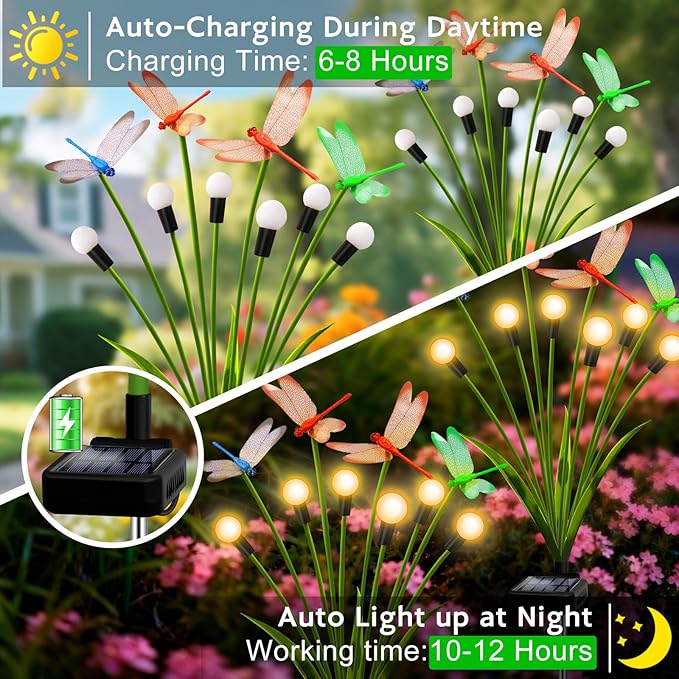 Solar Garden Lights Outdoor - 8 Pack Dragonfly Solar Swaying Light, Sway by Wind, Firefly Lights Outdoor Yard Patio Pathway Decoration, Big Bulb, High Flexibility Iron Wire & Realistic Dragonflies yulloyello