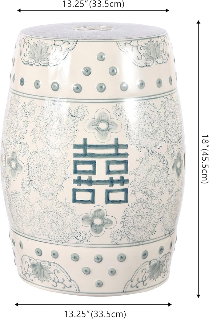JONATHAN Y TBL1013C Double Happiness 18" Chinoiserie Ceramic Drum Indoor/Outdoor Garden Stool Bohemian, Coastal, Classic, Cottage, Traditional, Patio, Garden, Bathroom, Living Room, Gray Blue/White JONATHANY