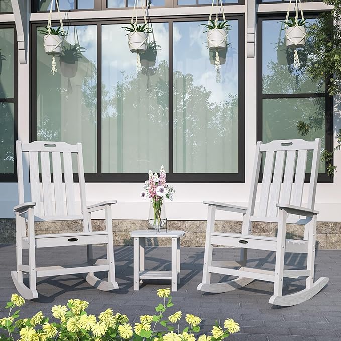Oversized Rocking Chair Set of 4, Outdoor Rocking Chair for Adults, All Weather Resistant Porch Rocker for Lawn Garden, White THOEOE