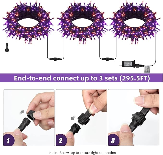 300 LED Halloween String Lights, 98.5FT with 8 Modes, Waterproof, Plug in for Indoor/Outdoor Party Decorations (Purple & Orange) LJLNION