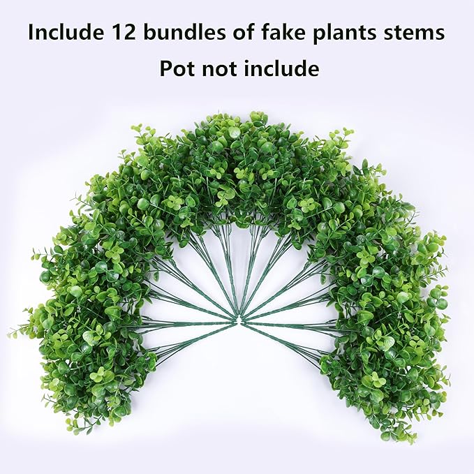 Artificial Faux Outdoor Plants for Spring Summer Decoration, 12 Bundles Fake Plastic Eucalyptus UV Resistant Look Real Fake Plants for Planter Outside Front Door Porch Patio Balcony Garden Indoor Yard Ivydale