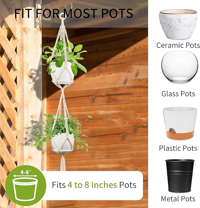 Macrame Plant Hanger - Fits 4 to 8 inches Pots for Indoor Outdoor, 49 Inch, Set of 2, Ivory (POTS NOT Included) IDEEEPAN