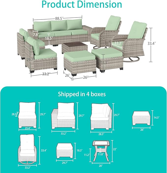 11-Piece Outdoor Patio Furniture Set with Rocking Swivel Chair Wicker Sectional Sofa Set, Patio Conversation Set with Ottomans & Coffee Table for Garden, Backyard, Poolside, Light Green MuphyersPatioFurniture