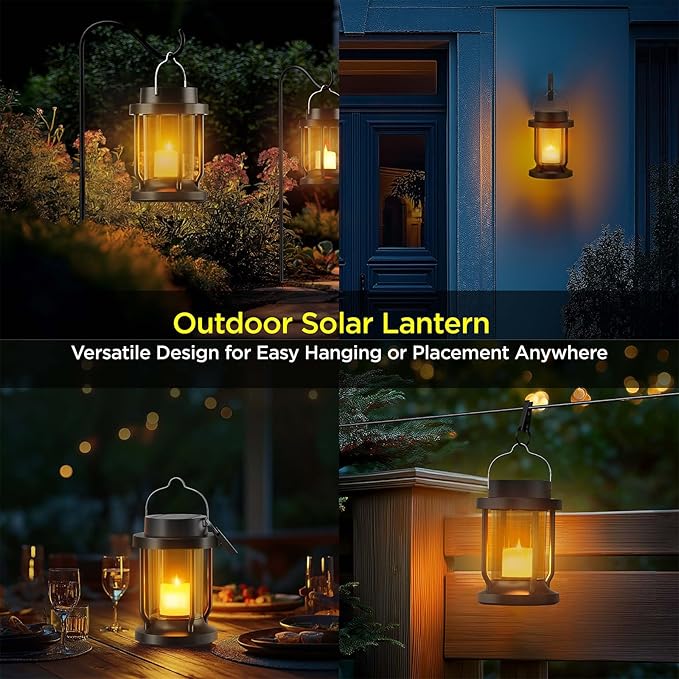 Solar Lantern Outdoor & Indoor Use – Hanging Solar Lights with Realistic Flickering Flameless Candle, Weatherproof for Gardens, Patios, Trees, and Lawns (Black + Amber, 1 Pack) Rootora