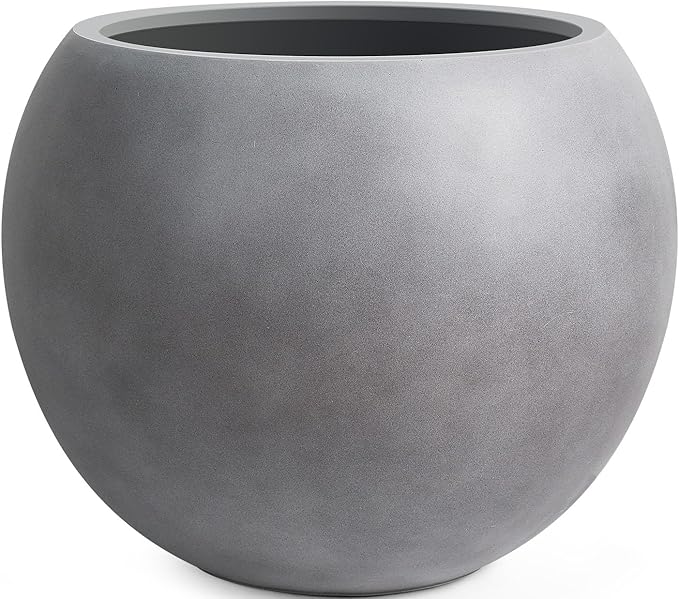 13.5 H x 17" Dia (12" Pot Opening) Round Fiberstone Planter with Drainage Hole, Gray, Indoor/Outdoor Large Plant Pot for Home Patio Garden, Ideal for Large Plants Panlaolao