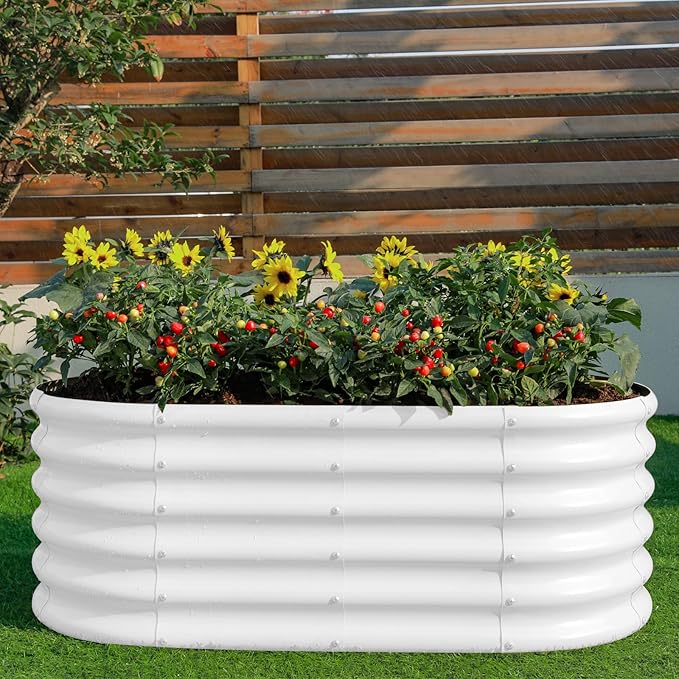 Land Guard 18“ Tall 4×2ft Galvanized Raised Garden Bed Kit, Galvanized Planter Garden Boxes Outdoor, Oval Large Metal Raised Garden Bed for Vegetables……… (Pearl White, 4×2×1.5ft) LandGuard