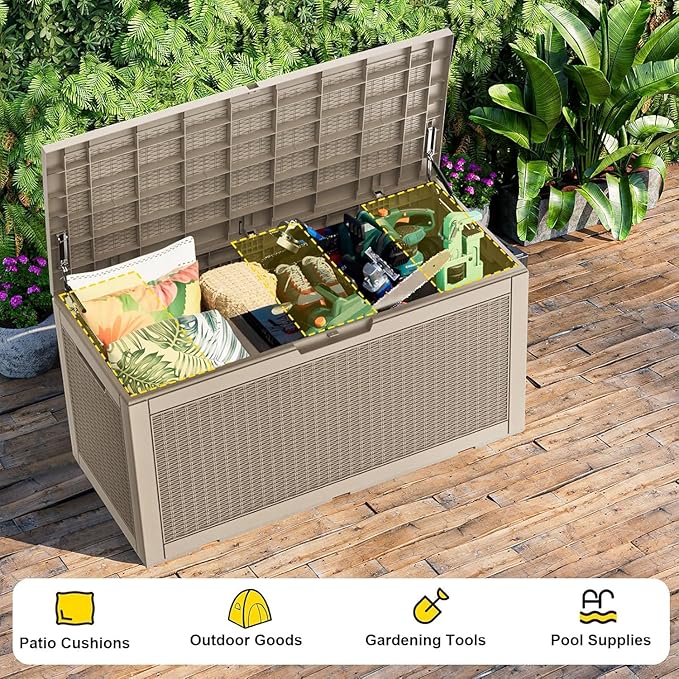 DRATO 320 Gallon Deck Box, Outdoor Large Waterproof Resin Storage Box with Lockable Lid for Patio Cushions, Gardening Tools（Gray，320 Gallon） DRATOprovidesawarmandcozy