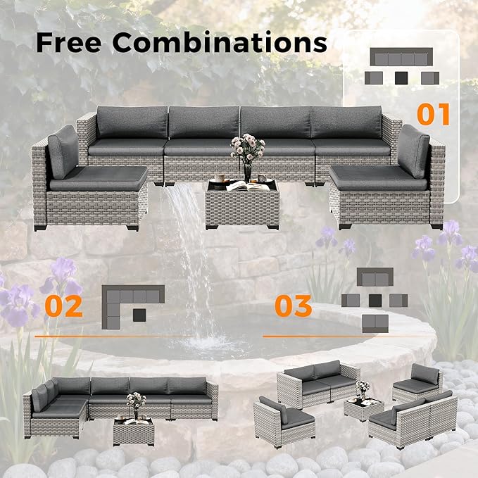 6-Piece Outdoor Patio Furniture Set, All-Weather Wicker Sectional Sofa with Deep Seating 4” Cushions, Heavy-Duty Steel Frame, Modular Rattan Couch for Backyard, Deck & Garden, Black MASIONBACKYARDS