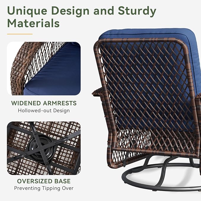 Aoxun 3 Pieces Patio Furniture Set, Patio Swivel Rocker Chairs Set of 2, Wicker Outdoor Bistro Set with Rocking Chair, Thickened Cushions and Table for Porch (Blue) Aoxun