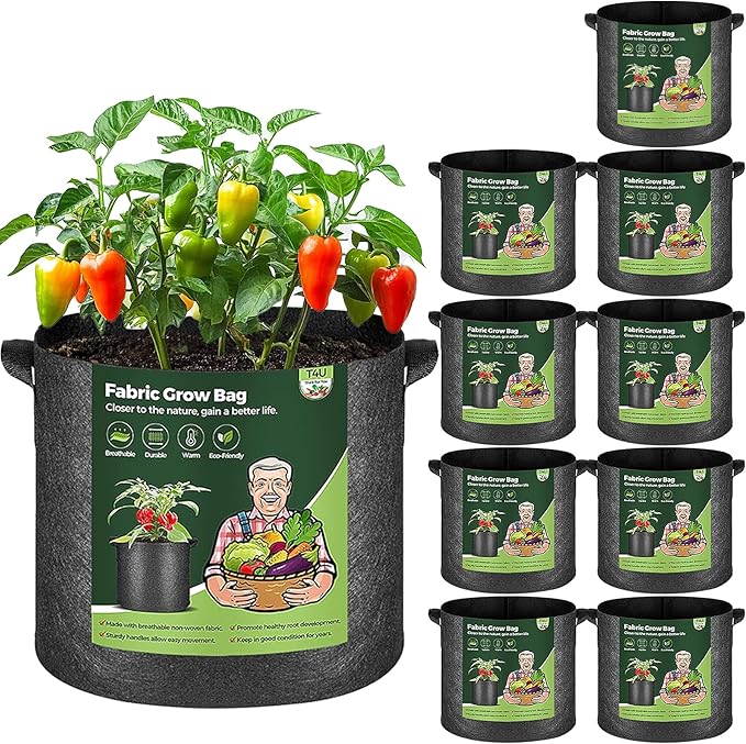 T4U 7 Gallon Grow Bags, Upgrade Grow Bags with Handles, Heavy Duty Thickened Nonwoven Fabric Pots, 7 Gallon Pots for Plants, Bell Pepper, Chili, Carrot, Kale (10 Pack) T4U