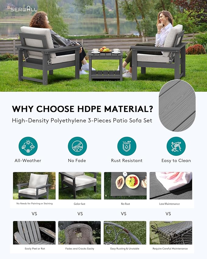 SERWALL HDPE Patio Sofa Set, 3-piece Sectional Outdoor Furniture Set, All Weather Outdoor Couch Set Patio Furniture Set for Deck, Lawn, Grey Frame with Khaki Cushion SERWALL