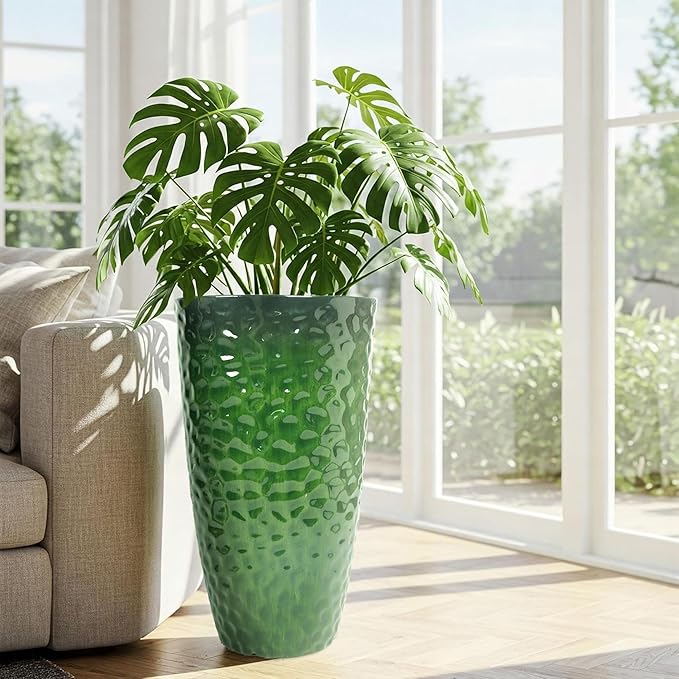 Worth 2 Pack 24" Tall Large Plastic Planter with Drainage Hole, Round Decorative Flower Plant Pit for Indoor or Outdoor Gardening, Glossy Green WORTH