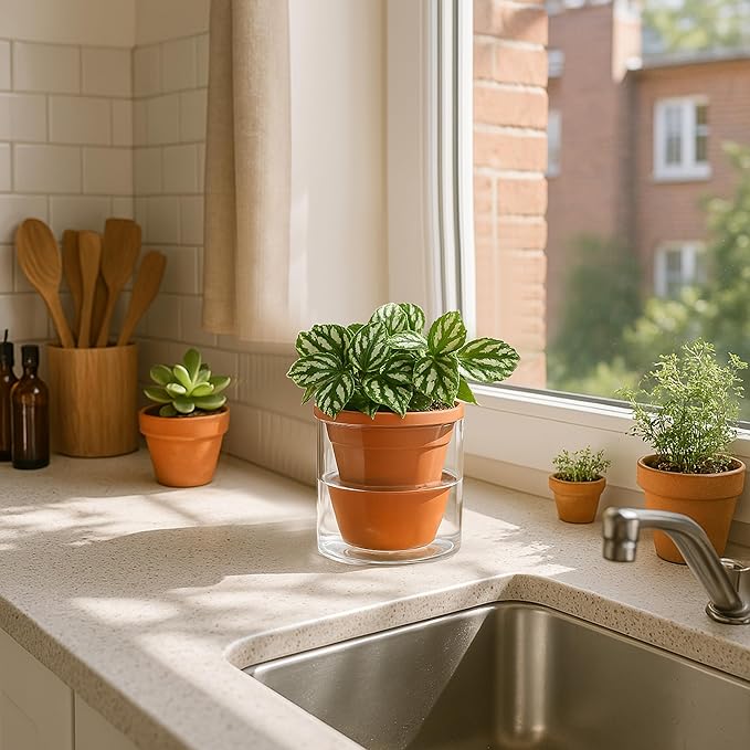 D'vine Dev 4 Inch Design Self Watering Pot for Indoor Plants, Terracotta Planter with Cylinder Glass Cup, 37-X-A-1 DvineDevPlanterPotsandStand