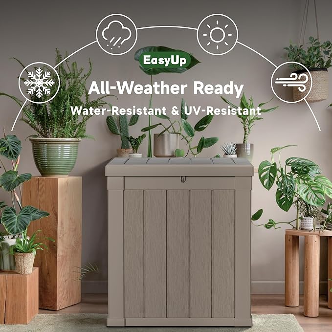 EasyUp 50 Gallon Outdoor Storage Box, Resin Waterproof UV-Resistant Deck Box, Reinforced Stability for Patio, Garden, and Poolside, Striped Gray EASYUP