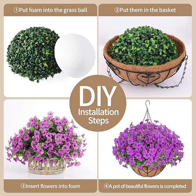 Artificial Hanging Flower for Outdoors, Fake Hanging Basket for Outside,1 Hanging Basket with 13 Pcs Faux Silk Flowers for Porch, Balcony and Patio Decor(Purple) LetuoClipsClipsandHooks