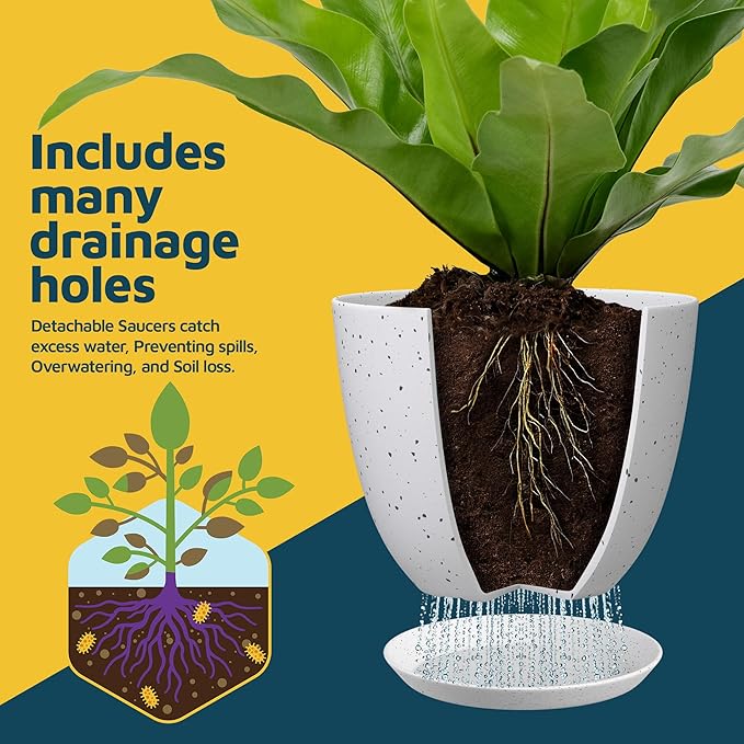 White Gray Plant Pots with Drainage Holes & Saucers 15 Pack, Indoor & Outdoor Stackable Space-Saving Planters for Houseplants & Flowers, (7", 6.7", 6", 5.3", and 4.8" Inches), Durable & Weatherproof LIFEMASTER