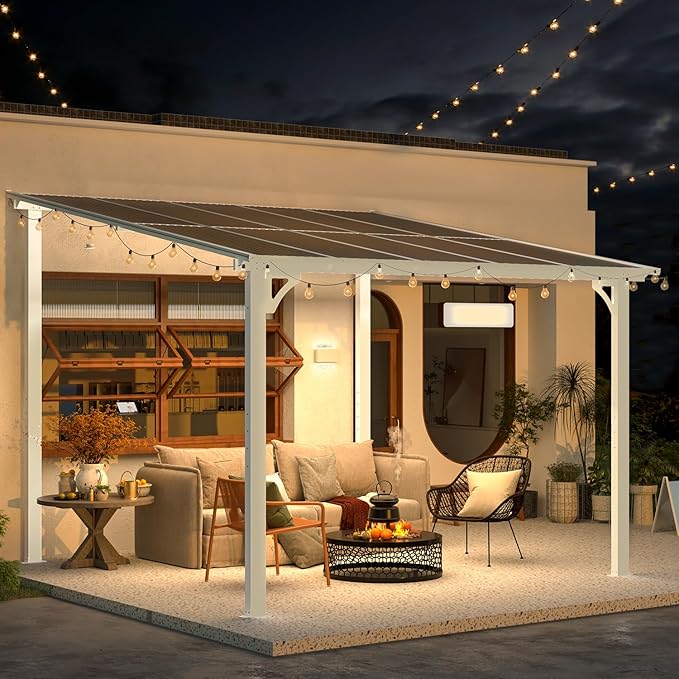 AECOJOY 10' x 10' Pergola Gazebo in White, Small Wall Mounted Pergolas and Gazebos on Clearance, Outdoor Patio Lean to Gazebo Metal Awnings for Deck, Porch, Backyard and More AECOJOY