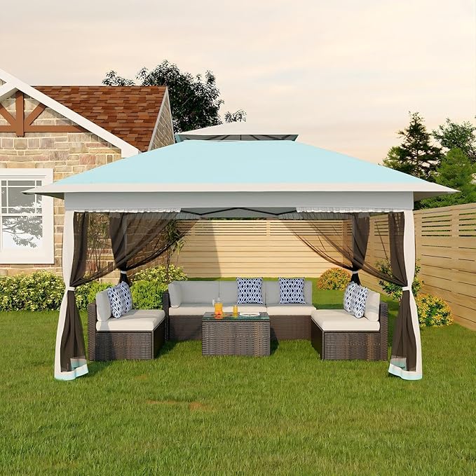 Canopy Tent 12x12 ft, Pop Up Gazebo One-Push Setup with 4 SandBags for Backyard Parties and BBQs, Mosquito Netting & Height Adjustable - Lake Blue GarveeLife