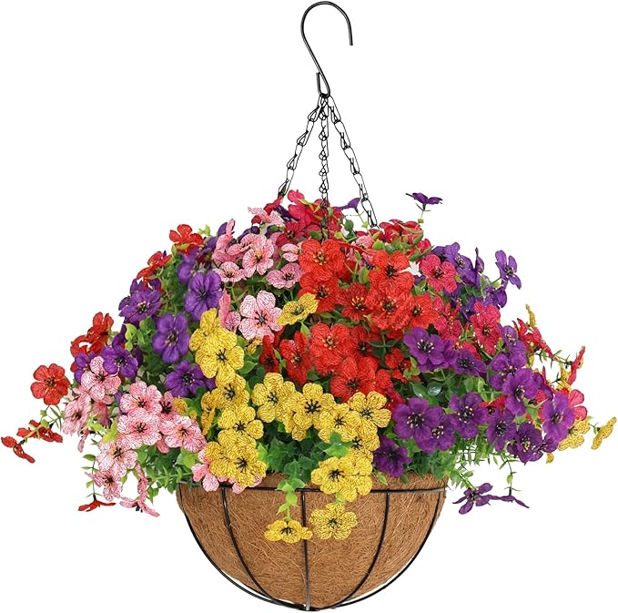 Senjie 12 Bundles Artificial Hanging Flowers with Basket for Outdoor Decor, UV Resistant Faux Flowers Fake Hanging Planter for Porch Patio Balcony Senjie