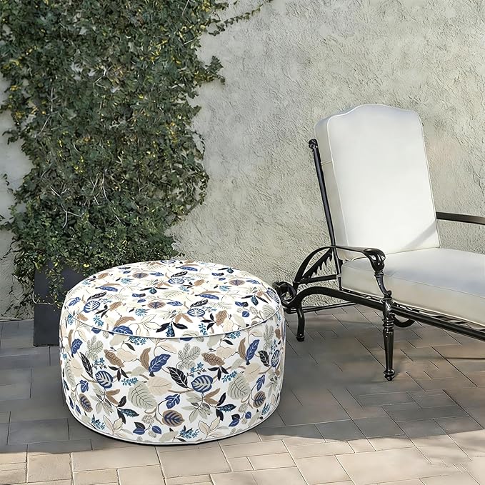 LVTXIII Indoor/Outdoor Extra Large Inflatable Ottoman Pouf D31 x H14 Inch, Round Footstool with Handle, Weather-Resistant Portable Furniture for Patio, Camping, Beach, Breeze Leaves Beige LVTXIII