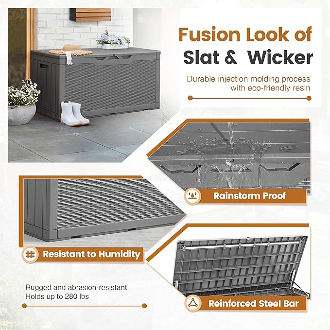 Greesum 100 Gallon Resin Patio Storage Box for Garden Tools, Outdoor Furniture Cushions, Pool Supplies, Gray BuynowfromGreesum