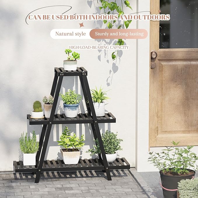 Plant Stand For Indoor Outdoor Tiered Plant Shelf 3 Tier 8 Potted Bamboo Flower Holder Ladder Rack For Multiple Triangle Table Plant Pot Stand (Black) LifeTakesaDifferentTurn
