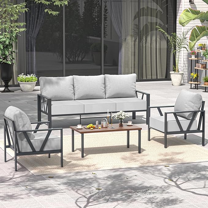 Outdoor Patio Furniture Set, 4 Pieces Metal Patio Furniture Set with Coffee Table, Modern Outdoor Patio Conversation Seating Set with 6” Thick Cushions, Light Grey COMLAXFIELD