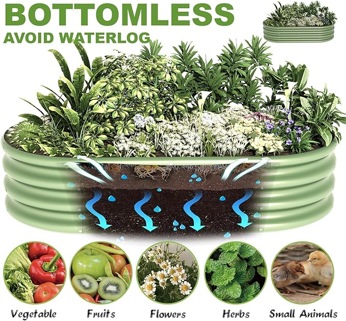 4x2x1ft-2pcs-Oval Raised Garden Bed Kit, Galvanized Planter Garden Boxes Outdoor, Metal Raised Garden Beds for Vegetables,Fruits, Flower,Green kingddeergardenbed